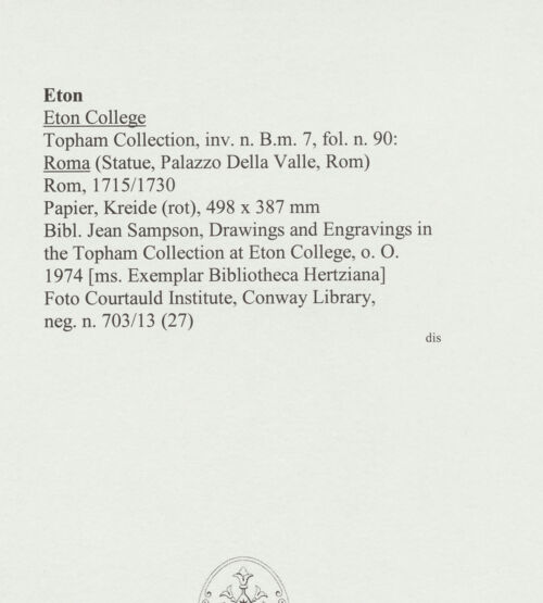 Rückseite von Courtauld Institute, Conway Library [https://www.deutsche-digitale-bibliothek.de/content/lizenzen/rv-ez/] Roma (Statue, Palazzo Della Valle, Rom) - , bh566688_recto. Foto.