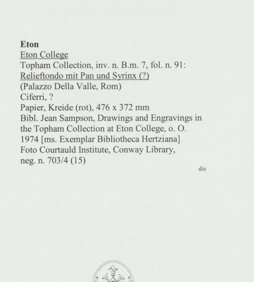 Rückseite von Courtauld Institute, Conway Library [https://www.deutsche-digitale-bibliothek.de/content/lizenzen/rv-ez/] Pan und Syrinx (?) (Relief, Palazzo Della Valle, Rom) - , bh566689_recto. Foto.