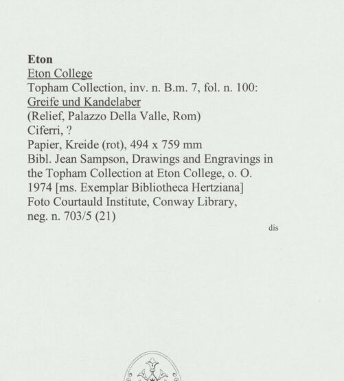 Rückseite von Courtauld Institute, Conway Library [https://www.deutsche-digitale-bibliothek.de/content/lizenzen/rv-ez/] Greife und Kandelaber (Relief, Palazzo Della Valle, Rom) - , bh566698_recto. Foto.