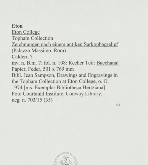 Rückseite von Courtauld Institute, Conway Library [https://www.deutsche-digitale-bibliothek.de/content/lizenzen/rv-ez/] Zeichnungen nach einem antiken Sarkophagrelief (Palazzo Massimo, Rom)Bacchanal (recher Teil des Reliefs) - , bh566705_recto. Foto.