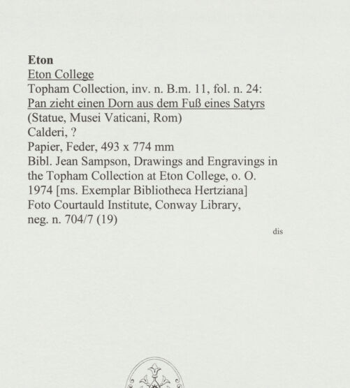 Rückseite von Courtauld Institute, Conway Library [https://www.deutsche-digitale-bibliothek.de/content/lizenzen/rv-ez/] Pan zieht einen Dorn aus dem Fuß eines Satyrs (Statue, Palazzo Mattei, Roma) - , bh566741_recto. Foto.