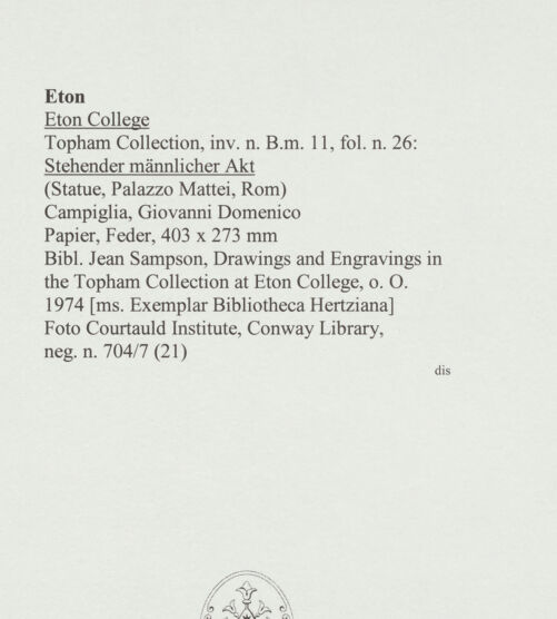 Rückseite von Courtauld Institute, Conway Library [https://www.deutsche-digitale-bibliothek.de/content/lizenzen/rv-ez/] Stehender männlicher Akt (Statue, Palazzo Mattei, Roma) - , bh566743_recto. Foto.