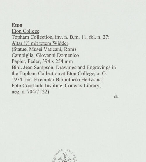 Rückseite von Courtauld Institute, Conway Library [https://www.deutsche-digitale-bibliothek.de/content/lizenzen/rv-ez/] Altar (?) mit totem Widder (Statue, Musei Vaticani, Rom) - , bh566744_recto. Foto.