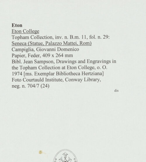 Rückseite von Courtauld Institute, Conway Library [https://www.deutsche-digitale-bibliothek.de/content/lizenzen/rv-ez/] Seneca (Statue, Palazzo Mattei, Roma) - , bh566746_recto. Foto.