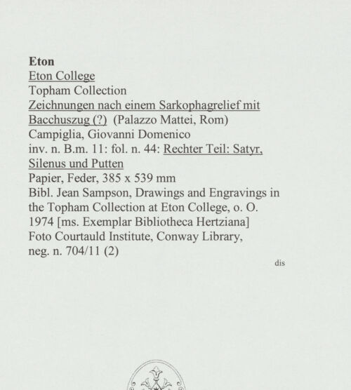 Rückseite von Courtauld Institute, Conway Library [https://www.deutsche-digitale-bibliothek.de/content/lizenzen/rv-ez/] Zeichnungen nach einem Sarkophagrelief mit Bacchuszug (?) (Palazzo Mattei, Rom)Rechter Teil des Reliefs: Satyr, Silenus und Putten - , bh566761_recto. Foto.