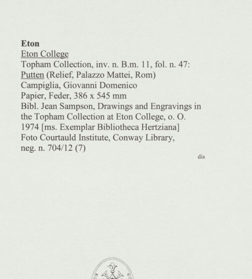 Rückseite von Courtauld Institute, Conway Library [https://www.deutsche-digitale-bibliothek.de/content/lizenzen/rv-ez/] Putten (Relief, Palazzo Mattei, Roma) - , bh566764_recto. Foto.