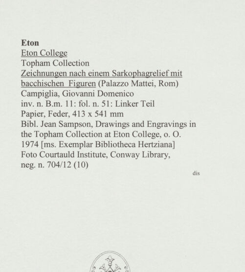 Rückseite von Courtauld Institute, Conway Library [https://www.deutsche-digitale-bibliothek.de/content/lizenzen/rv-ez/] Zeichnungen nach einem Sarkophagrelief mit bacchischen Figuren (Palazzo Mattei, Rom)Linker Teil des Reliefs - , bh566768_recto. Foto.