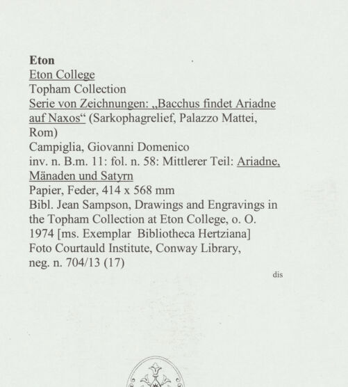 Rückseite von Courtauld Institute, Conway Library [https://www.deutsche-digitale-bibliothek.de/content/lizenzen/rv-ez/] Serie von Zeichnungen nach einem Sarkophagrelief: Bacchus findet Ariadne auf Naxos (Palazzo Mattei, Rom)Mittlerer Teil des Reliefs mit Ariadne, Mänaden und Satyrn - , bh566775_recto. Foto.