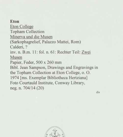Rückseite von Courtauld Institute, Conway Library [https://www.deutsche-digitale-bibliothek.de/content/lizenzen/rv-ez/] Zeichnungen nach einem Sarkophagrelief mit Minerva und den Musen (Palazzo Mattei, Rom)Zwei Musen (rechter Teil des Reliefs) - , bh566778_recto. Foto.