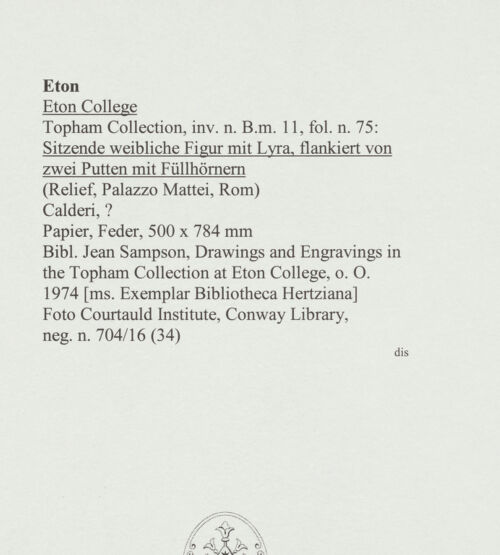 Rückseite von Courtauld Institute, Conway Library [https://www.deutsche-digitale-bibliothek.de/content/lizenzen/rv-ez/] Sitzende weibliche Figur mit Lyra, flankiert von zwei Putten mit Füllhörnern (Relief, Palazzo Mattei, Roma) - , bh566791_recto. Foto.