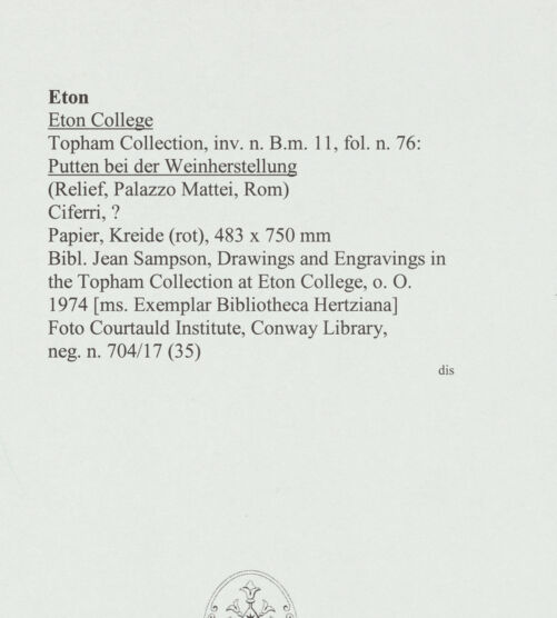 Rückseite von Courtauld Institute, Conway Library [https://www.deutsche-digitale-bibliothek.de/content/lizenzen/rv-ez/] Putten bei der Weinherstellung (Relief, Palazzo Mattei, Roma) - , bh566792_recto. Foto.