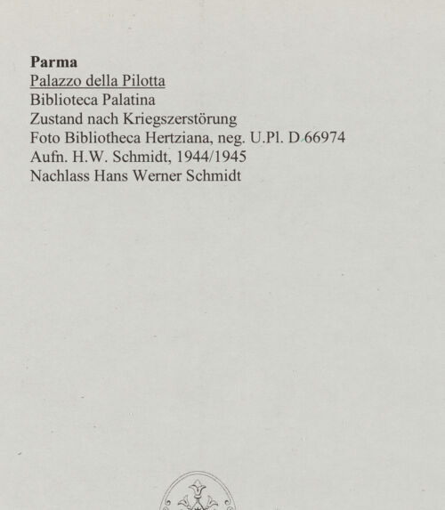 Rückseite von Bibliotheca Hertziana [https://www.deutsche-digitale-bibliothek.de/content/lizenzen/rv-fz/] Palazzo della PilottaBiblioteca Palatina - Zustand nach Kriegszerstörung (1944.05.13), bh567599_recto. Foto: Schmidt, Hans Werner.