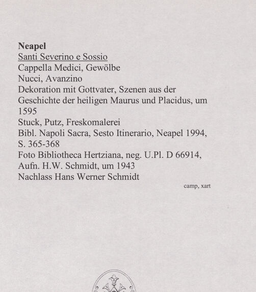 Rückseite von Bibliotheca Hertziana [https://www.deutsche-digitale-bibliothek.de/content/lizenzen/rv-fz/] Dekoration mit Gottvater, Szenen aus der Geschichte der heiligen Maurus und Placidus - Gesamtansicht, bh567705_recto. Foto: Schmidt, Hans Werner.