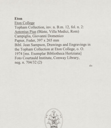 Rückseite von Courtauld Institute, Conway Library [https://www.deutsche-digitale-bibliothek.de/content/lizenzen/rv-ez/] Antoninus Pius (Büste, Villa Medici, Roma) - , bh567708_recto. Foto.