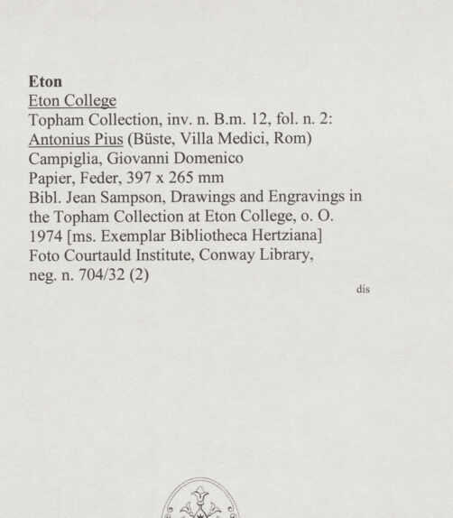 Rückseite von Courtauld Institute, Conway Library [https://www.deutsche-digitale-bibliothek.de/content/lizenzen/rv-ez/] Antoninus Pius (Büste, Villa Medici, Roma) - , bh567708_recto. Foto.