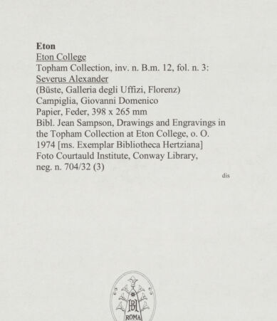 Rückseite von Courtauld Institute, Conway Library [https://www.deutsche-digitale-bibliothek.de/content/lizenzen/rv-ez/] Severus Alexander (Büste, Uffizien, Florenz) - , bh567709_recto. Foto.