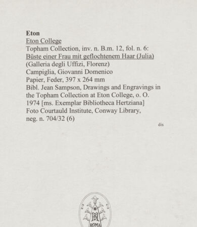 Rückseite von Courtauld Institute, Conway Library [https://www.deutsche-digitale-bibliothek.de/content/lizenzen/rv-ez/] Büste einer Frau mit geflochtenem Haar (Julia) (Uffizien, Florenz) - , bh567712_recto. Foto.