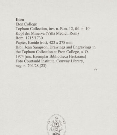 Rückseite von Courtauld Institute, Conway Library [https://www.deutsche-digitale-bibliothek.de/content/lizenzen/rv-ez/] Kopf der Minerva (Villa Medici, Roma) - , bh567716_recto. Foto.