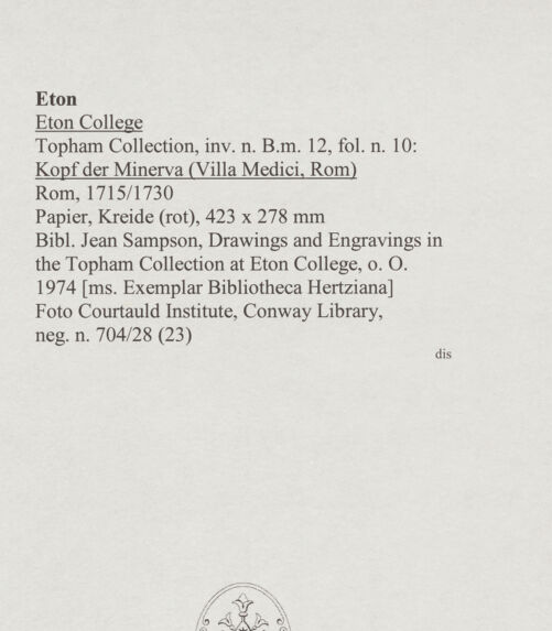 Rückseite von Courtauld Institute, Conway Library [https://www.deutsche-digitale-bibliothek.de/content/lizenzen/rv-ez/] Kopf der Minerva (Villa Medici, Roma) - , bh567716_recto. Foto.