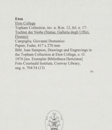 Rückseite von Courtauld Institute, Conway Library [https://www.deutsche-digitale-bibliothek.de/content/lizenzen/rv-ez/] Tochter der Niobe (Statue, Uffizien, Florenz) - , bh567718_recto. Foto.