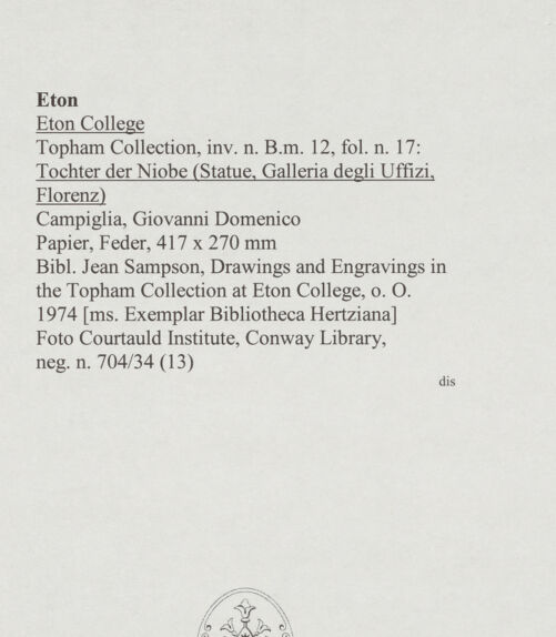 Rückseite von Courtauld Institute, Conway Library [https://www.deutsche-digitale-bibliothek.de/content/lizenzen/rv-ez/] Tochter der Niobe (Statue, Uffizien, Florenz) - , bh567718_recto. Foto.