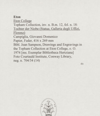 Rückseite von Courtauld Institute, Conway Library [https://www.deutsche-digitale-bibliothek.de/content/lizenzen/rv-ez/] Tochter der Niobe (Statue, Uffizien, Florenz) - , bh567719_recto. Foto.