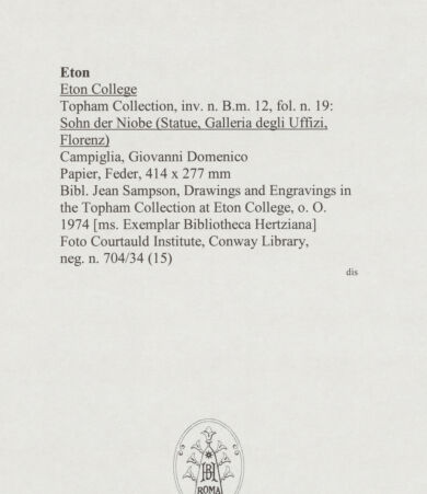 Rückseite von Courtauld Institute, Conway Library [https://www.deutsche-digitale-bibliothek.de/content/lizenzen/rv-ez/] Sohn der Niobe (Statue, Uffizien, Florenz) - , bh567723_recto. Foto.