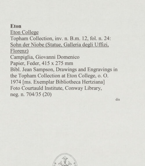 Rückseite von Courtauld Institute, Conway Library [https://www.deutsche-digitale-bibliothek.de/content/lizenzen/rv-ez/] Sohn der Niobe (Statue, Uffizien, Florenz) - , bh567724_recto. Foto.