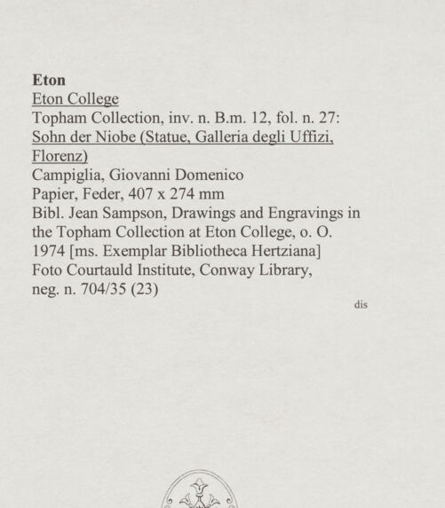 Rückseite von Courtauld Institute, Conway Library [https://www.deutsche-digitale-bibliothek.de/content/lizenzen/rv-ez/] Sohn der Niobe (Statue, Uffizien, Florenz) - , bh567726_recto. Foto.