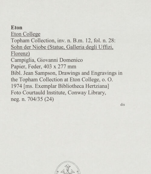 Rückseite von Courtauld Institute, Conway Library [https://www.deutsche-digitale-bibliothek.de/content/lizenzen/rv-ez/] Sohn der Niobe (Statue, Uffizien, Florenz) - , bh567727_recto. Foto.