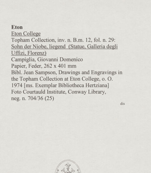 Rückseite von Courtauld Institute, Conway Library [https://www.deutsche-digitale-bibliothek.de/content/lizenzen/rv-ez/] Sohn der Niobe, liegend (Statue, Uffizien, Florenz) - , bh567728_recto. Foto.