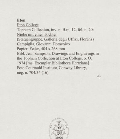 Rückseite von Courtauld Institute, Conway Library [https://www.deutsche-digitale-bibliothek.de/content/lizenzen/rv-ez/] Niobe mit einer Tochter (Statuengruppe, Uffizien, Florenz) - , bh567729_recto. Foto.