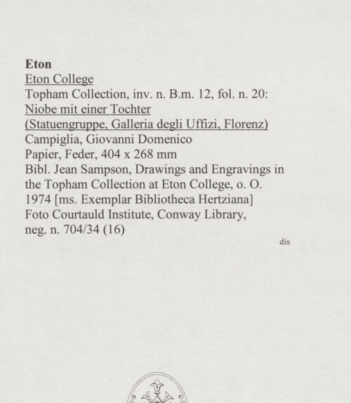 Rückseite von Courtauld Institute, Conway Library [https://www.deutsche-digitale-bibliothek.de/content/lizenzen/rv-ez/] Niobe mit einer Tochter (Statuengruppe, Uffizien, Florenz) - , bh567729_recto. Foto.
