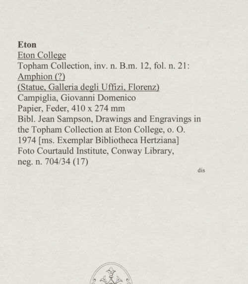 Rückseite von Courtauld Institute, Conway Library [https://www.deutsche-digitale-bibliothek.de/content/lizenzen/rv-ez/] Amphion (?) (Statue, Villa Medici, Roma) - , bh567730_recto. Foto.