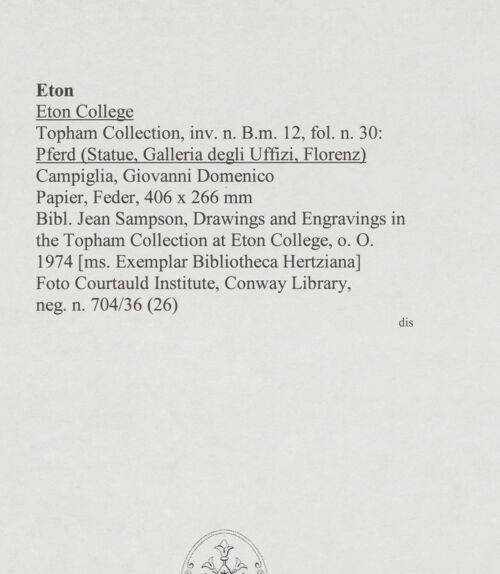 Rückseite von Courtauld Institute, Conway Library [https://www.deutsche-digitale-bibliothek.de/content/lizenzen/rv-ez/] Pferd (Statue, Villa Medici, Roma) - , bh567731_recto. Foto.