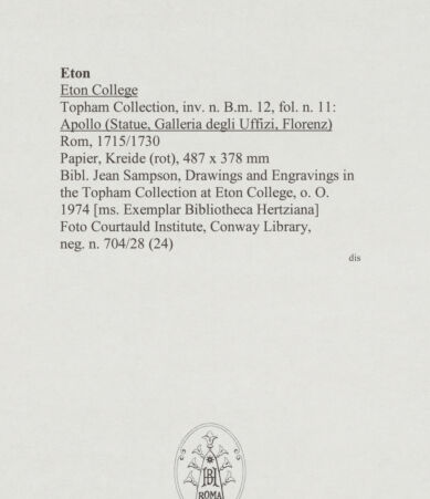 Rückseite von Courtauld Institute, Conway Library [https://www.deutsche-digitale-bibliothek.de/content/lizenzen/rv-ez/] Apollo (Statue, Uffizien, Florenz) - , bh567732_recto. Foto.