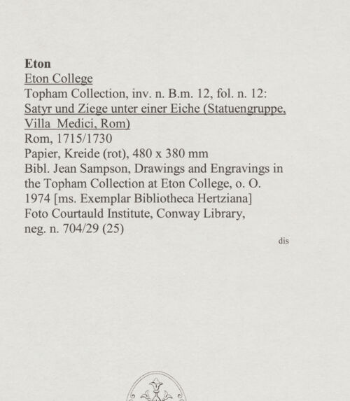 Rückseite von Courtauld Institute, Conway Library [https://www.deutsche-digitale-bibliothek.de/content/lizenzen/rv-ez/] Satyr und Ziege unter einer Eiche (Statuengruppe, Villa Medici, Roma) - , bh567733_recto. Foto.