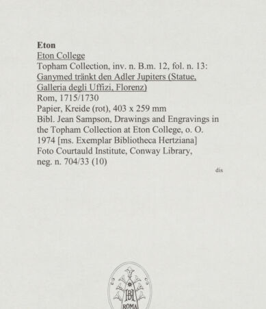 Rückseite von Courtauld Institute, Conway Library [https://www.deutsche-digitale-bibliothek.de/content/lizenzen/rv-ez/] Ganymed tränkt den Adler Jupiters (Statue, Uffizien, Florenz) - , bh567734_recto. Foto.