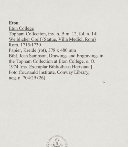 Rückseite von Courtauld Institute, Conway Library [https://www.deutsche-digitale-bibliothek.de/content/lizenzen/rv-ez/] Weiblicher Greif (Statue, Villa Medici, Roma) - , bh567735_recto. Foto.