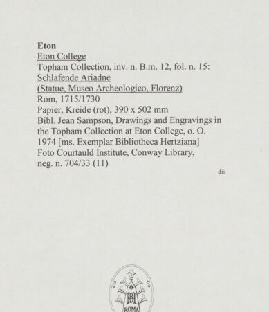 Rückseite von Courtauld Institute, Conway Library [https://www.deutsche-digitale-bibliothek.de/content/lizenzen/rv-ez/] Schlafende Ariadne (Statue, Museo Archeologico, Florenz) - , bh567736_recto. Foto.