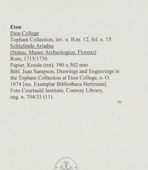 Rückseite von Courtauld Institute, Conway Library [https://www.deutsche-digitale-bibliothek.de/content/lizenzen/rv-ez/] Schlafende Ariadne (Statue, Museo Archeologico, Florenz) - , bh567736_recto. Foto.