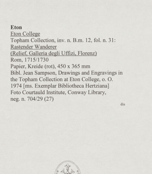 Rückseite von Courtauld Institute, Conway Library [https://www.deutsche-digitale-bibliothek.de/content/lizenzen/rv-ez/] Rastender Wanderer (Relief, Uffizien, Florenz) - , bh567737_recto. Foto.