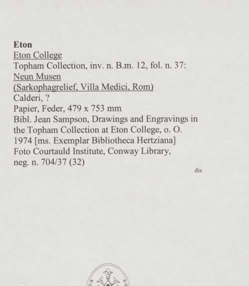 Rückseite von Courtauld Institute, Conway Library [https://www.deutsche-digitale-bibliothek.de/content/lizenzen/rv-ez/] Neun Musen (Sarkophagrelief, Villa Medici, Roma) - , bh567743_recto. Foto.