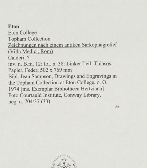 Rückseite von Courtauld Institute, Conway Library [https://www.deutsche-digitale-bibliothek.de/content/lizenzen/rv-ez/] Zeichnungen nach einem antiken Sarkophagrelief (Villa Medici, Rom)Thiasos (linker Teil des Reliefs) - , bh567744_recto. Foto.