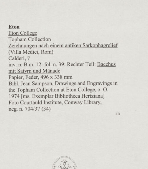 Rückseite von Courtauld Institute, Conway Library [https://www.deutsche-digitale-bibliothek.de/content/lizenzen/rv-ez/] Zeichnungen nach einem antiken Sarkophagrelief (Villa Medici, Rom)Bacchus mit Satyrn und Mänade (rechter Teil des Reliefs) - , bh567745_recto. Foto.
