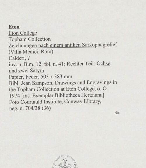 Rückseite von Courtauld Institute, Conway Library [https://www.deutsche-digitale-bibliothek.de/content/lizenzen/rv-ez/] Zeichnungen nach einem antiken Sarkophagrelief (Villa Medici, Rom)Ochse und zwei Satyrn (rechter Teil des Reliefs) - , bh567747_recto. Foto.