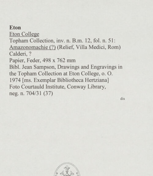 Rückseite von Courtauld Institute, Conway Library [https://www.deutsche-digitale-bibliothek.de/content/lizenzen/rv-ez/] Amazonomachie (?) (Relief, Villa Medici, Roma) - , bh567754_recto. Foto.