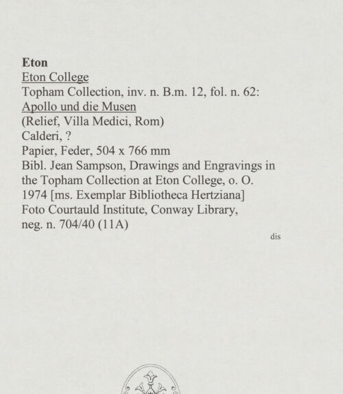 Rückseite von Courtauld Institute, Conway Library [https://www.deutsche-digitale-bibliothek.de/content/lizenzen/rv-ez/] Apollo und die Musen (Relief, Villa Medici, Roma) - , bh567761_recto. Foto.