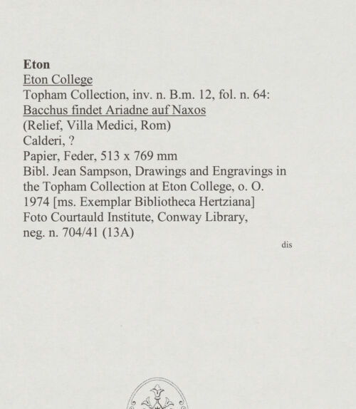 Rückseite von Courtauld Institute, Conway Library [https://www.deutsche-digitale-bibliothek.de/content/lizenzen/rv-ez/] Bacchus findet Ariadne auf Naxos (Relief, Villa Medici, Roma) - , bh567763_recto. Foto.