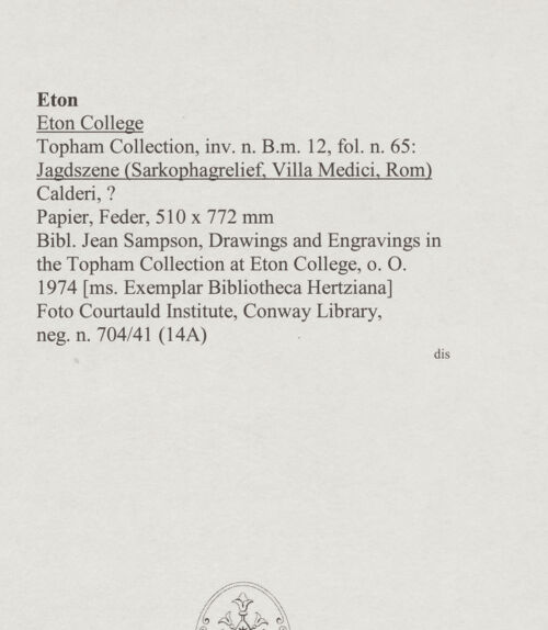 Rückseite von Courtauld Institute, Conway Library [https://www.deutsche-digitale-bibliothek.de/content/lizenzen/rv-ez/] Jagdszene (Sarkophagrelief, Villa Medici, Roma) - , bh567764_recto. Foto.